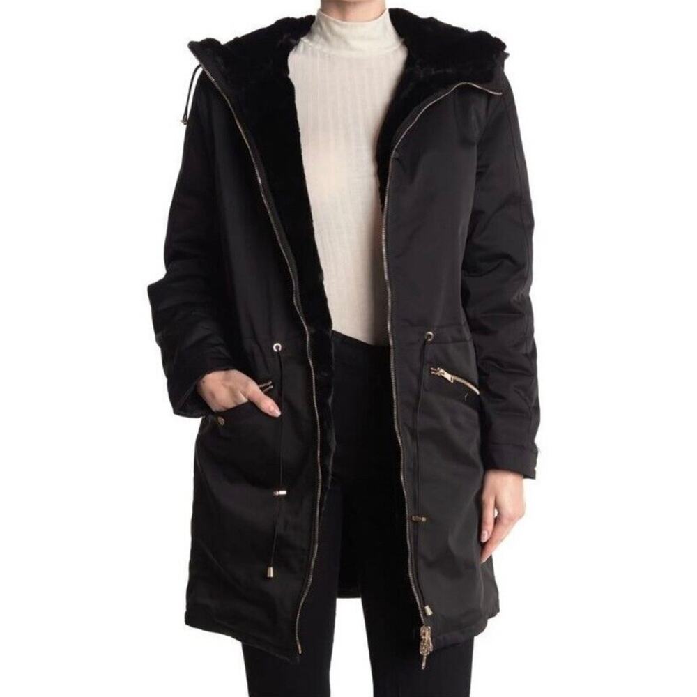 NWT Love Token Tanya Black Reversible Nylon Faux Fur Parka Jacket XS
